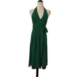 Vtg Y2K‎ Arden B Silk Halter Wrap Dress Emerald Green Midi Sz L 2000s Cocktail